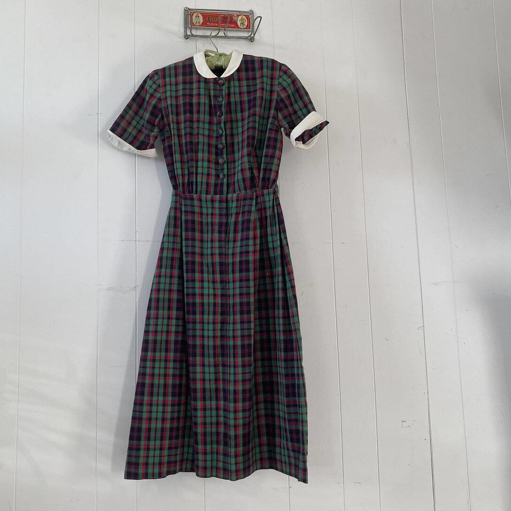 Vintage 1930s 1940s Teens’ Plaid Cotton Peter Pan Collar Frock Dress View 6